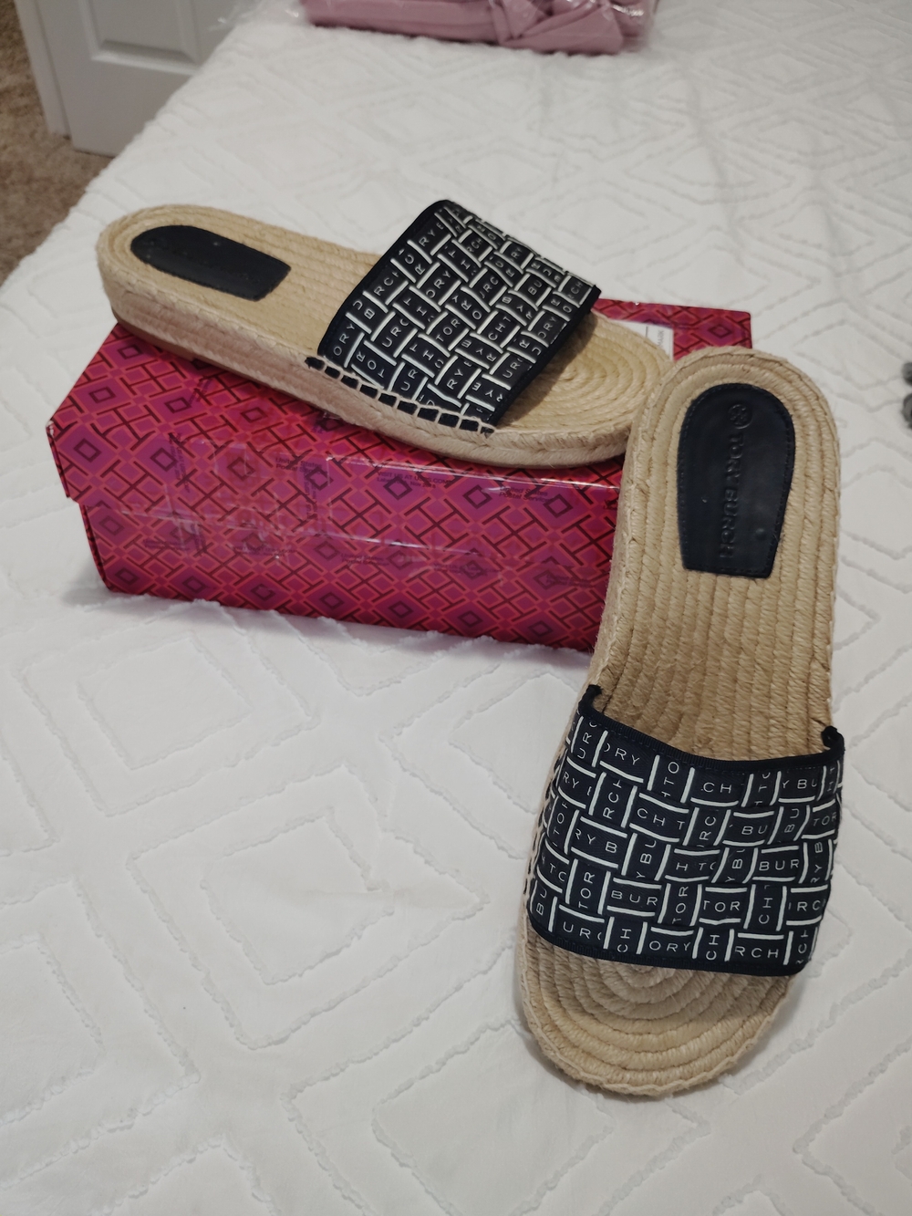 Tory Burch Navy Blue Logo Slide Sandals with Espadrille Sole